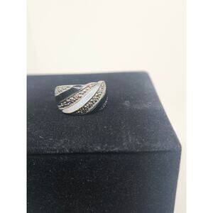 Vintage Black Onyx Marcasite Mother Of Pearl Sterling Silver Ring Size 7